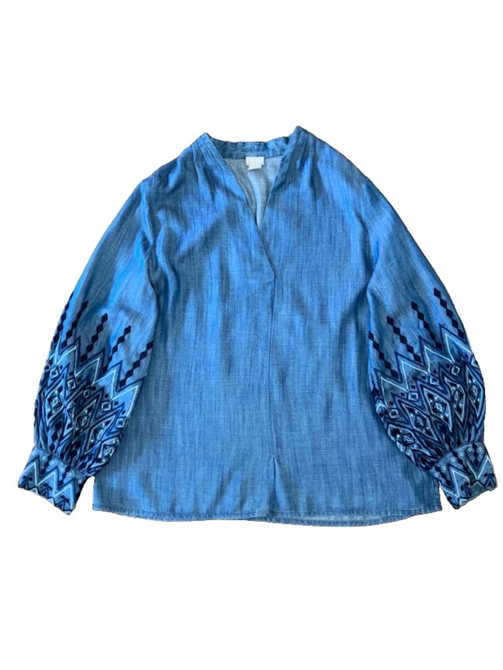 Chico’s Tunic L/12/2 Blouse Chambray Embroidered Puff Sleeves V-Neck Artsy Boho. - Picture 2 of 12
